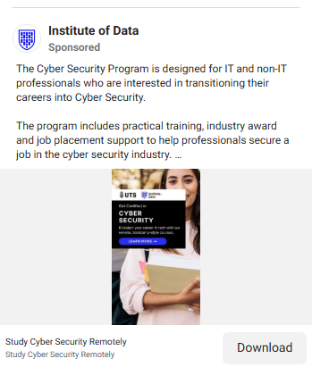 Institute of Data sponsored Facebook feed ad for the Cyber Security Program aimed at IT and non-IT professionals, with practical training, industry award and job placement support, and a 'Study Cyber Security Remotely' download CTA.