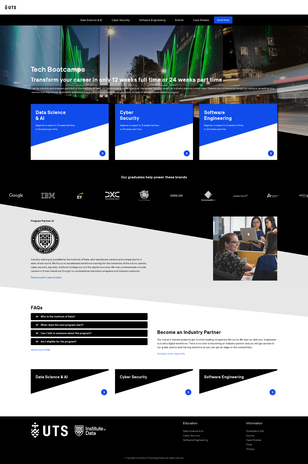 UTS × Institute of Data Tech Bootcamps microsite showing Data Science & AI, Cyber Security, and Software Engineering programmes with hero image and enrolment CTA.