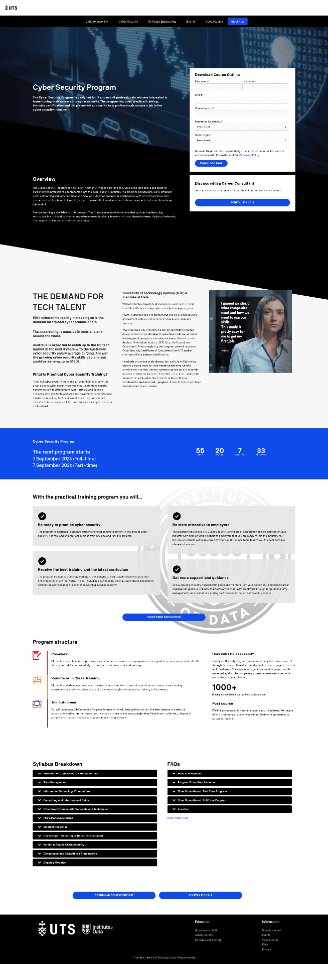 UTS Cyber Security Program landing page with course overview, downloadable outline, career-consultant CTA, syllabus breakdown and FAQs.